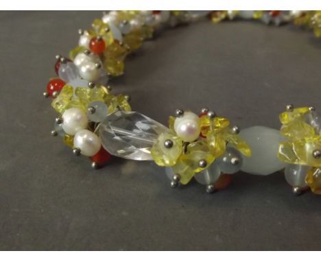 A crystal glass, stone and pearl necklace with matching bracelet