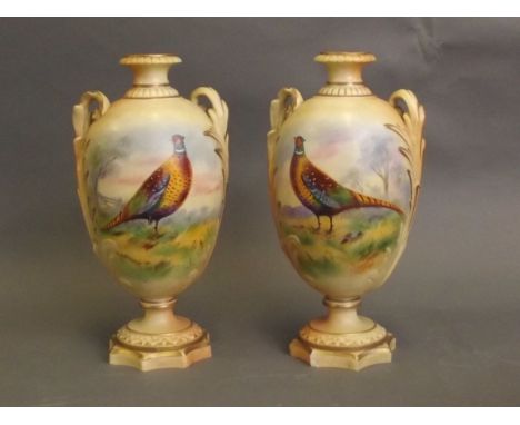 A pair of Locke & Co. Worcester vases painted with pheasants in a woodland, on shaped gilt lined octagonal bases, signed E. B