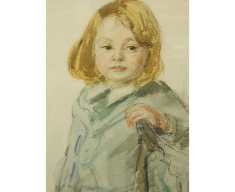 A watercolour and pencil portrait of a child by a chair, signed Apperley, 13'' x 16&frac14;''