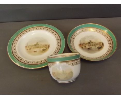 A Granger's Worcester trio, painted with a cathedral, bridge, and river within a green ground, marked, 6¾'' diameter