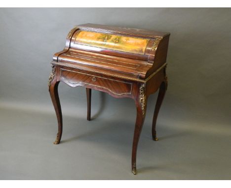 A mahogany bonheur du jour with brass mounts and vernis Martin painted panel, with fitted interior, 30'' x 20'' x 39''