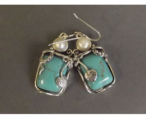 A pair of silver, turquoise and pearl earrings, 1'' long
