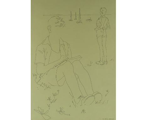 Rafael Alvarez Ortega (Spanish 1927-2011), 2 pen and ink drawings, boys on a beach, 26" x 18" and portrait of 3 young men, 18