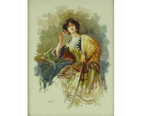 Continental watercolour, portrait of a woman, indistinctly signed, 16" x 11.5", framed.