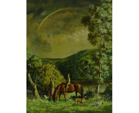 John Leigh Pemberton (1911-1997), oil on canvas, portrait of a woman and child with horse and dogs by a lake, signed and date
