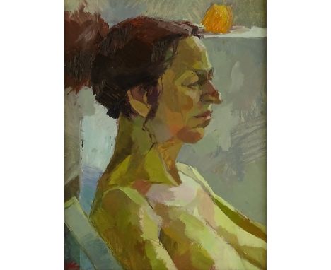 Yasunobu Shidami, oil on board, portrait of a woman, signed with monogram, 16" x 12", framed.