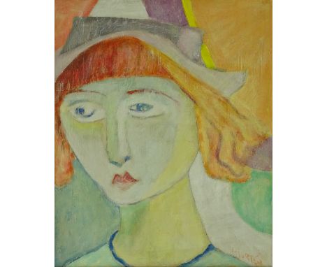 Oil on canvas, modernist portrait of a girl, 18" x 15", framed.