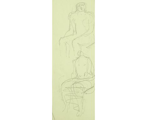 Manner of Henry Moore, pencil sketch, seated figures, unsigned, 8" x 3", framed.