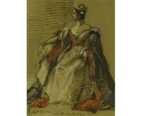 19th century ink/watercolour, portrait of Queen Victoria, signed with indistinct monogram, dated 1842, 9.5" x 7.5", framed.