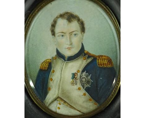 19th century miniature watercolour on ivory, portrait of Napoleon, unsigned, 3.75" x 3".