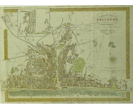 Hand coloured map print of Brighton circa 1880, 21" x 29", framed.