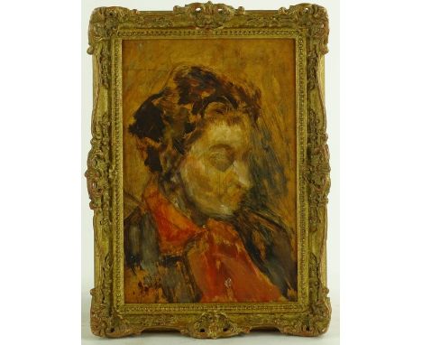 Oil on board, head portrait of a woman, indistinctly signed, 11.5" x 7.5", framed.