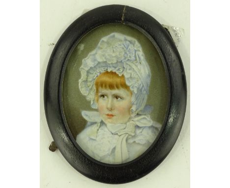 19th century miniature watercolour on ivory, portrait of a young girl with a lace bonnet, unsigned, 4.75" x 3.5", framed.