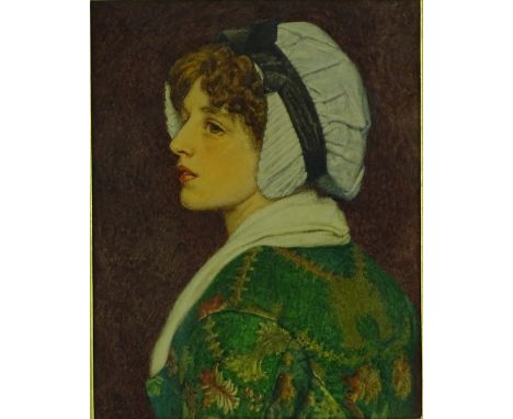 19th century watercolour, portrait of a woman wearing a cloth cap, signed with monogram, 9" x 7", framed.