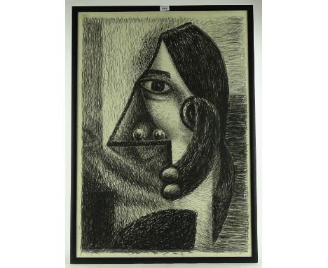 Tim Martin Jones (born 1950), charcoal drawing, cubist portrait, signed and dated 1981, 39" x 27", framed.