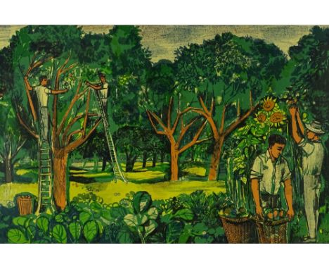John Minton, school room print, apple orchard, Kent circa 1950, 18" x 28", framed.