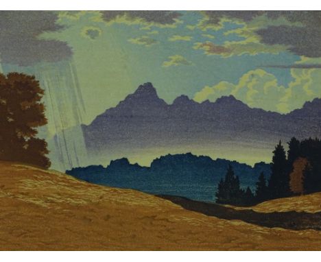 Engelbert Lap (1886-1970), colour wood-cut print, after rain, artist proof, signed in pencil, image 8" x 10", framed.
