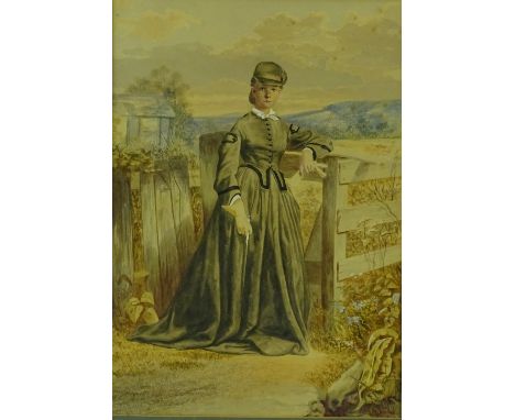 19th century watercolour, portrait of a woman by a gate, unsigned, 14" x 9", framed.