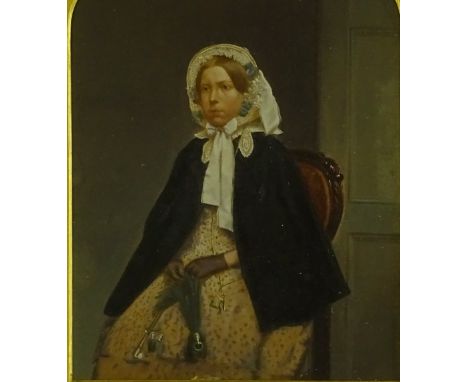 19th century watercolour over a printed base, portrait of a woman, in ornate gesso frame in cabinet case.