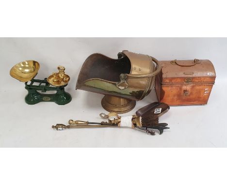 Set of green painted and brass pan scales with weights, copper table-top chest, brass coal bucket and fireside implements 