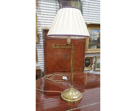 Brass-finish adjustable desk lamp with rotating arm and the pleated silk shade 