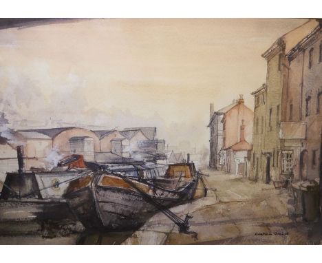 Graham Blaine (20th century school)Watercolour 'Gas Street Basin', Boats moored in Birmingham canal, signed lower right, 34cm