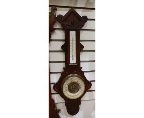 Modern banjo-type barometer in oak case with thermometer 