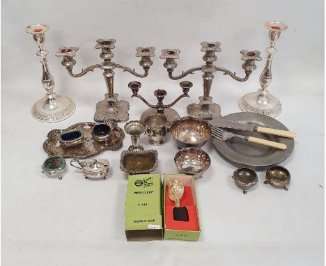 Assorted plated ware including candelabra, christening mug, bowls, salts, fish servers, etc and Subbuteo game and an Olympus 