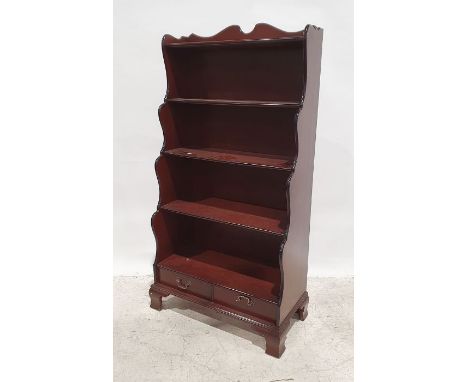 20th century mahogany waterfall bookcase with two drawers under, on ogee bracket feet, 77cm x 150cm approx.Condition ReportDe