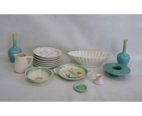 Six Pillivuyt French porcelain snail dishes, a Sylvac turquoise posy vase, a pair of turquoise glazed bottle vases, a Beswick