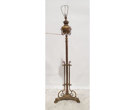 Brass standard lamp converted from oil lamp, on triform base