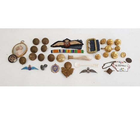 Quantity GWR, military and other buttons, enamel 'Whiskey' label, mother-of-pearl handled seal, embroidered RAF Wings badge a