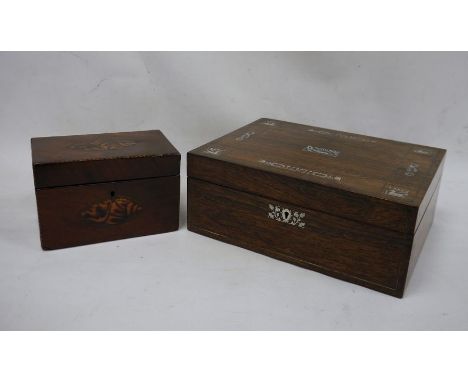 19th century mahogany and shell inlaid tea caddy of rectangular form and a rosewood and mother-of-pearl inlaid box (2) 