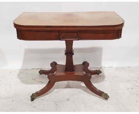 19th century mahogany fold-over card table, the rectangular top with rounded corners opening to reveal baize interior, four-s