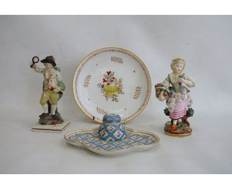 18th century pearlware figure of gentleman wearing green cloak and holding flaming torch and mirror, on square base, a Derby-