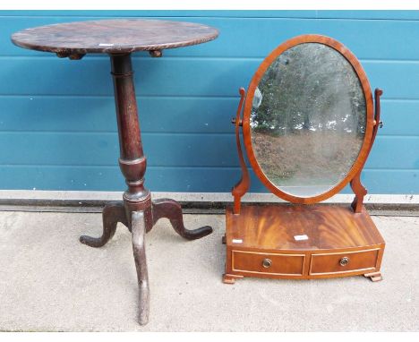 20th century mahogany dressing table mirror on box base with two drawers, ogee bracket feet and a centre table on turned supp