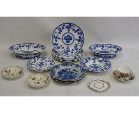 Two old Delft plates, blue and white decorated with floral and fence-pattern to the centre, stylised onion border, 23cm wide,