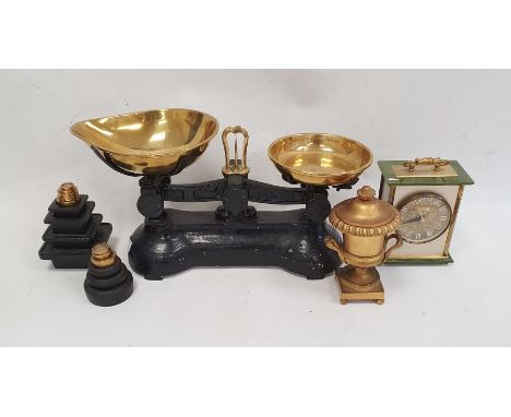 Set of vintage kitchen scales, set of weights, modern mantle clock and&nbsp;gilt metal lidded urn