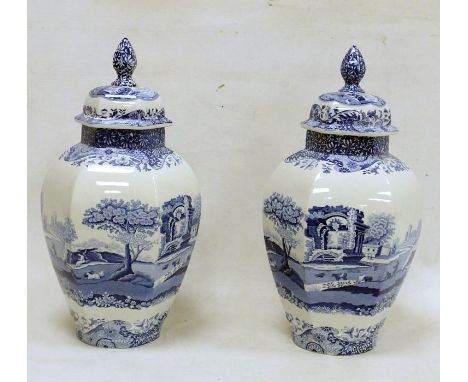 Pair of Spode blue and white lidded vases 'Italian' pattern, hexagonal shaped, 40cm high approx. (2) Condition ReportOne vase