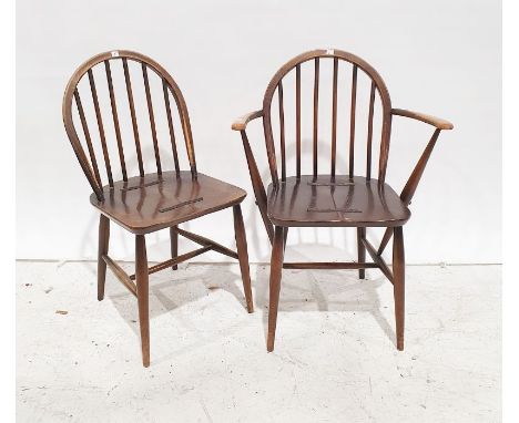 Set of six dark elm Ercol stick-back chairs (4+2), dark elm seats, beech backs and base (6)