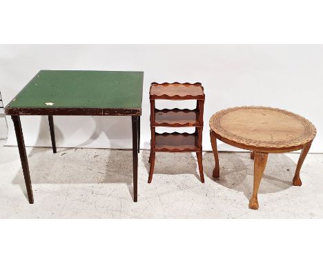 Modern yew three-tier side table with galleried shelves, on swept feet, a folding card table and a circular coffee table (3) 