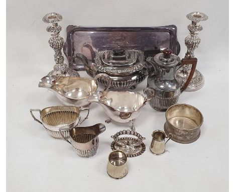 Assorted flatware, candlesticks, teapot, jugs, trays, etc, two cased canteens of flatware and a rectangular two-handled tray 