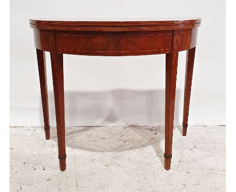 George III-style mahogany demi-lune shaped card table with boxwood and ebony stringing, whelkshell inlay to the frieze and on