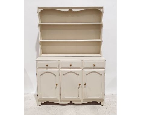20th century white painted dresser, the top with two shelves above base of three drawers, three cupboard doors, on bracket fe