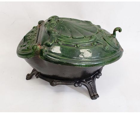 Cast iron and green enamel coal box with scallopshell moulded hinged lid, 48cm long 