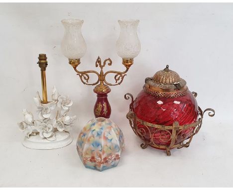 Printed glass panelled light shade, two table lamps and a red glass copper-mounted hanging lantern (4) Condition ReportWhite 