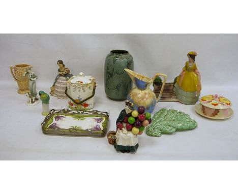 Royal Doulton 'The Old Balloon Seller' HN1315, Sylvac jug, Sylvac ceramic wall vase, 20th century tray, lidded pot, figurines