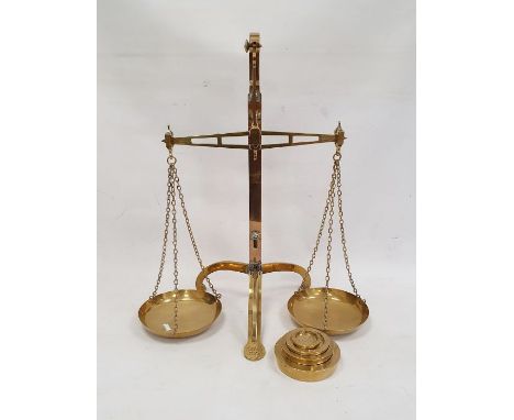 Pair of W&T Avery Limited brass pan balance scales, patent 24269-06 and four weights 