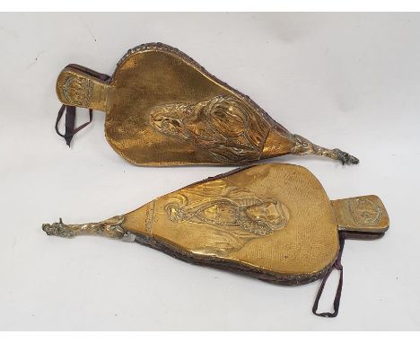 Two pairs of brass and oak bellows with embossed decoration featuring Charles the first and the other Mary Queen of Scots (2)