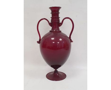 Ruby glass two-handled vase with knopped neck, pair scroll handles to the ovoid tapering body, on flared pedestal base, 36cm 